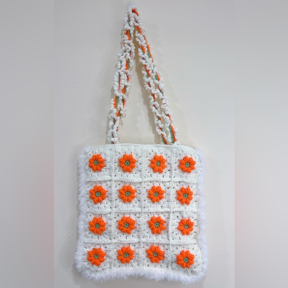 Handbags - Handmade Crochet Floral Tote Bag - Cream and Orange
